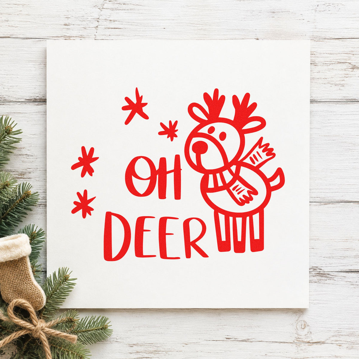 Oh Deer Cartoon Reindeer rubber stamp shown in red ink, stamped for projects such as crayon bin labels.