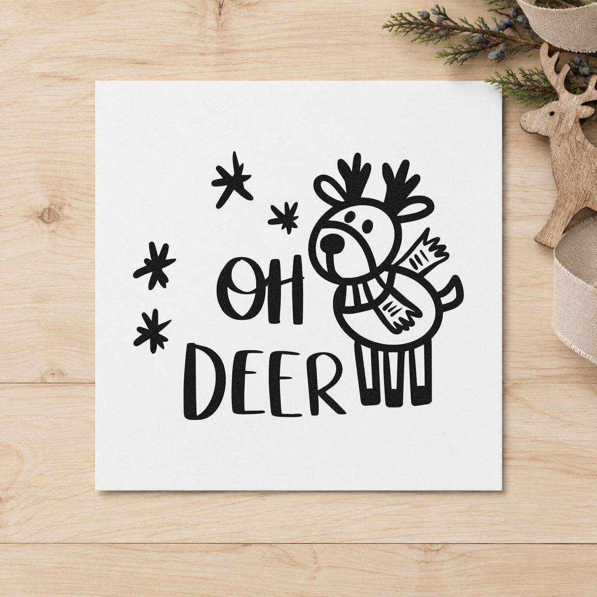 Oh Deer Cartoon Reindeer rubber stamp printed in black ink, ready for cartoon deer cards and similar paper crafts.