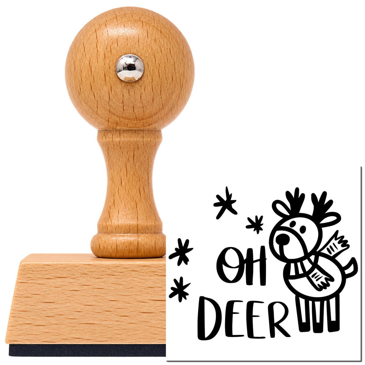 Oh Deer Cartoon Reindeer Vintage Pro rubber stamp in European beech wood with a round knob handle, shown beside its black imprint.
