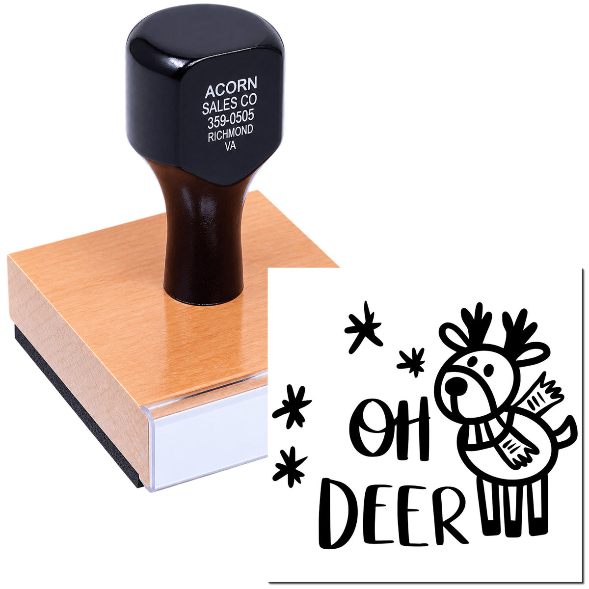 Custom rubber stamp with Oh Deer deer design for holiday cards, gift wrap, scrapbooking, and DIY craft projects.