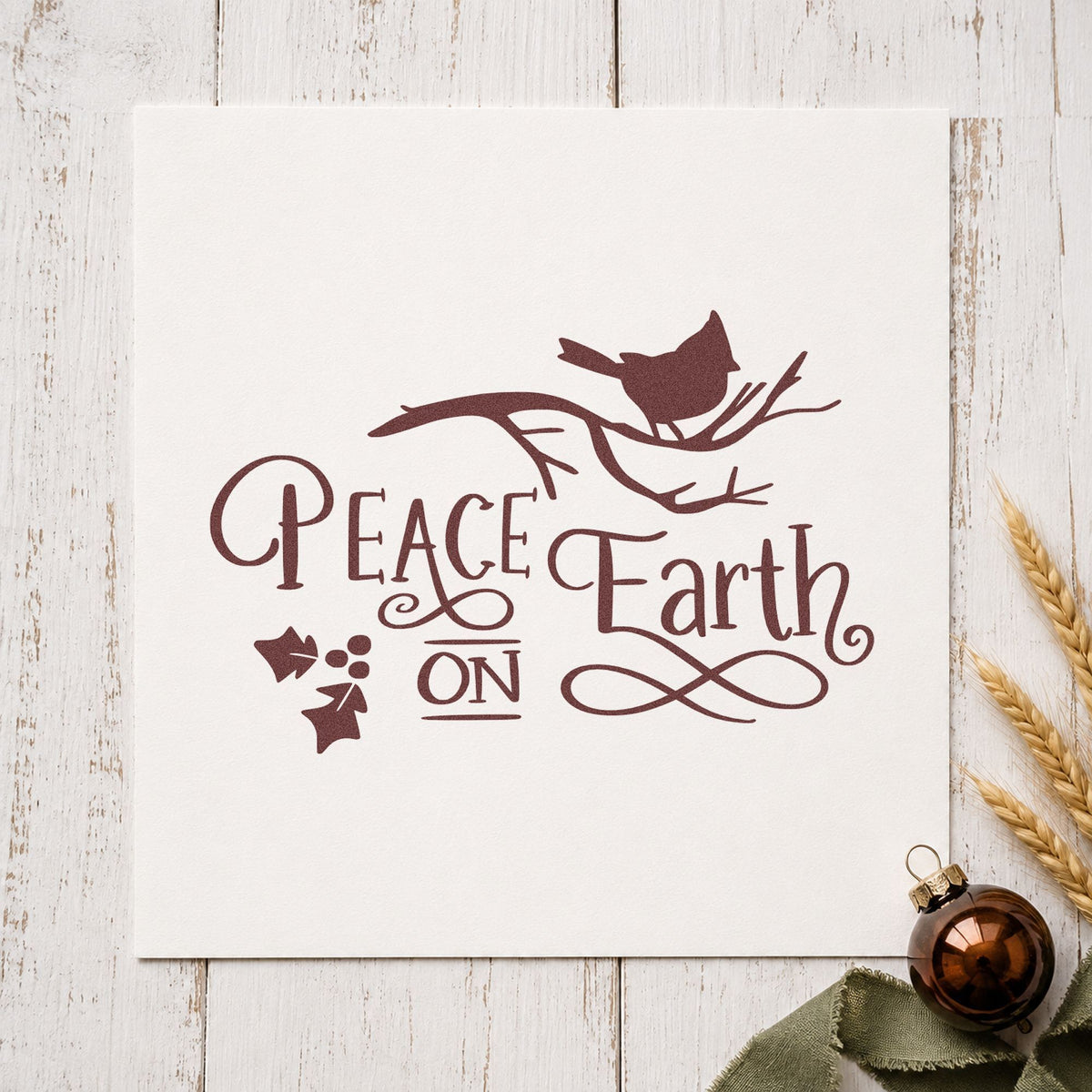 Peace On Earth Bird Branch rubber stamp printed in brown ink, ready for sighting log sheet and similar paper crafts.