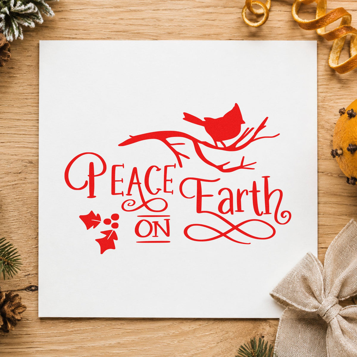 Peace On Earth Bird Branch rubber stamp shown in red ink, stamped for projects such as seed bin labels.