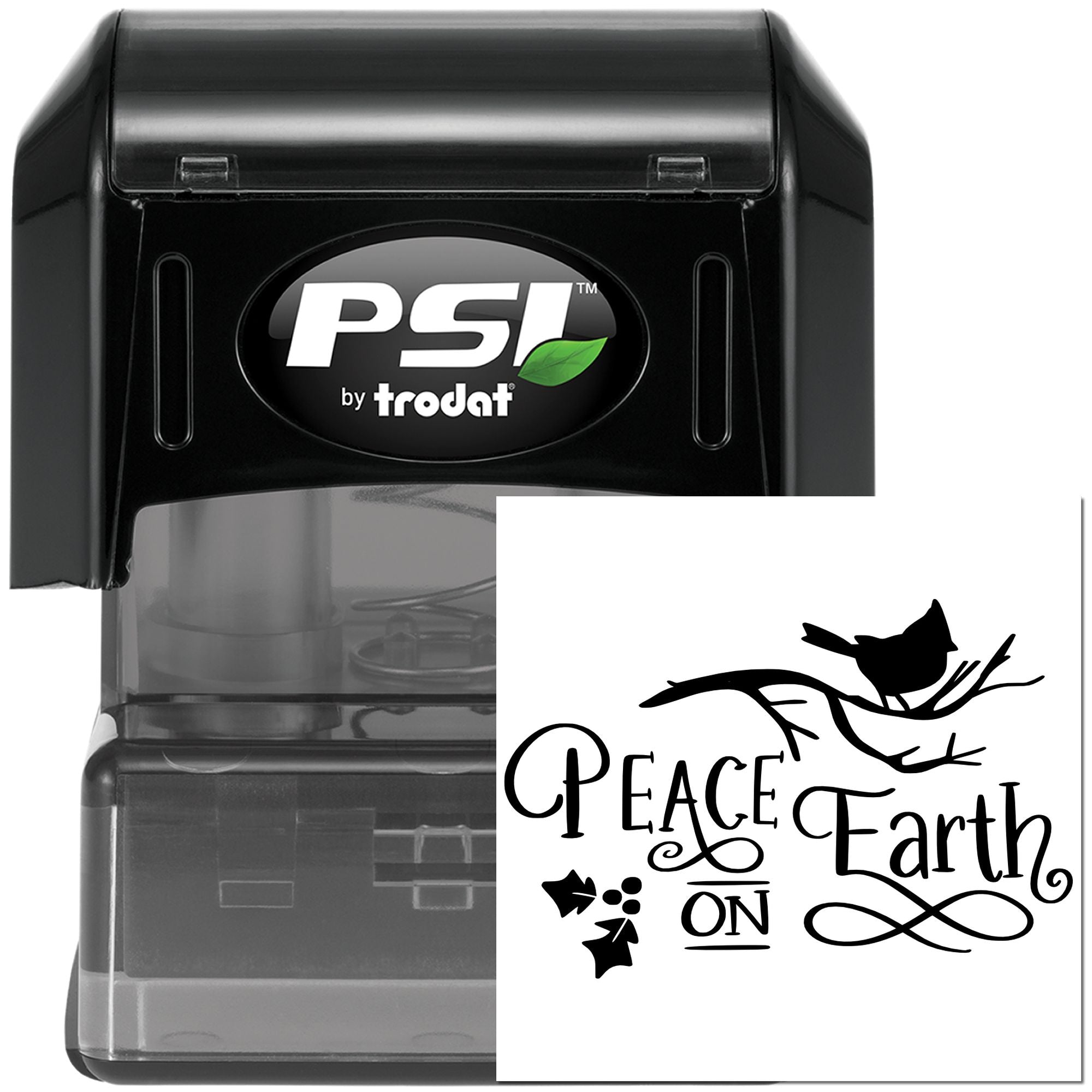PSI by Trodat self-inking rubber stamp with Peace Earth On eco message for nature-themed business branding.