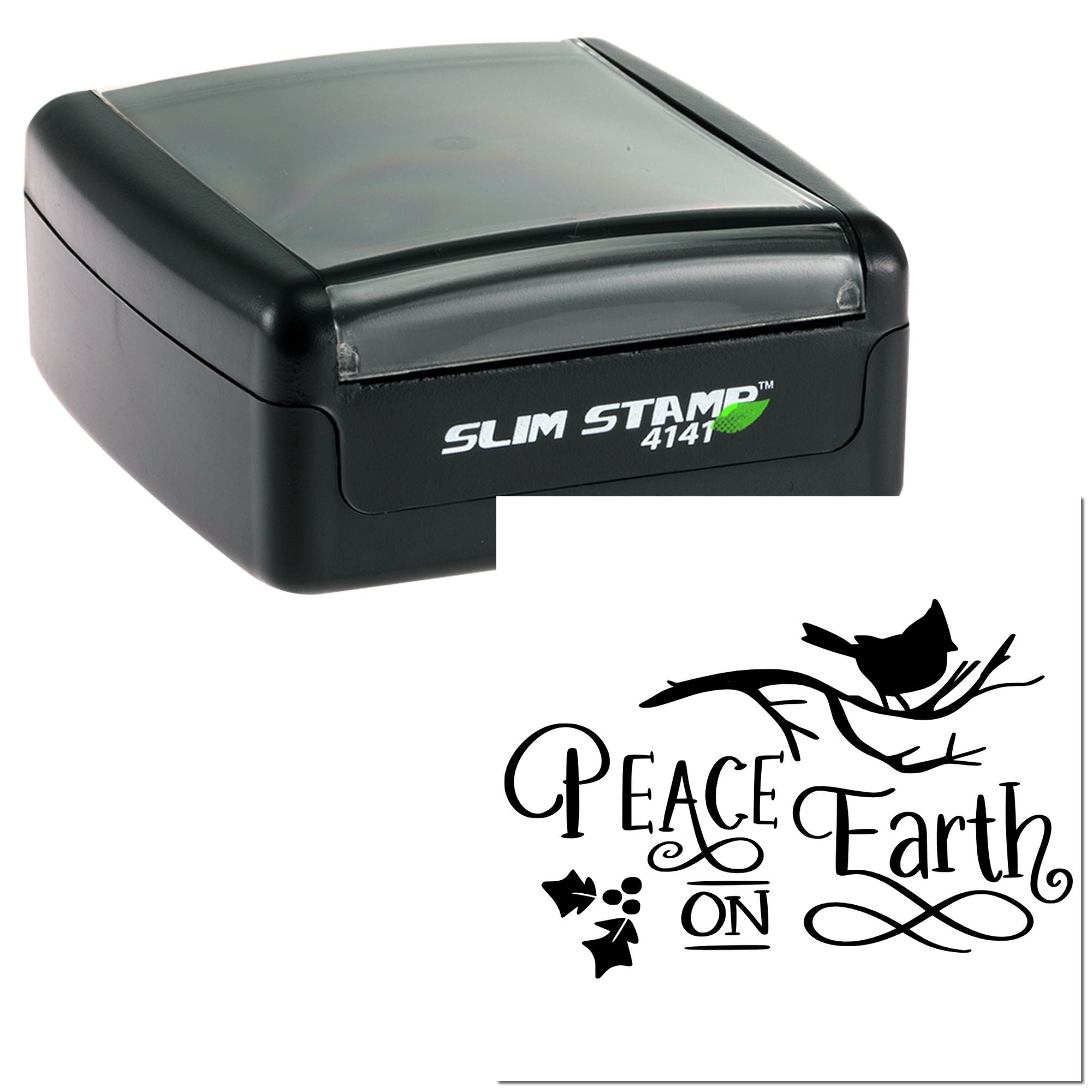 Slim self-inking rubber stamp with Peace on Earth design for holiday cards, crafts, and seasonal stamping.