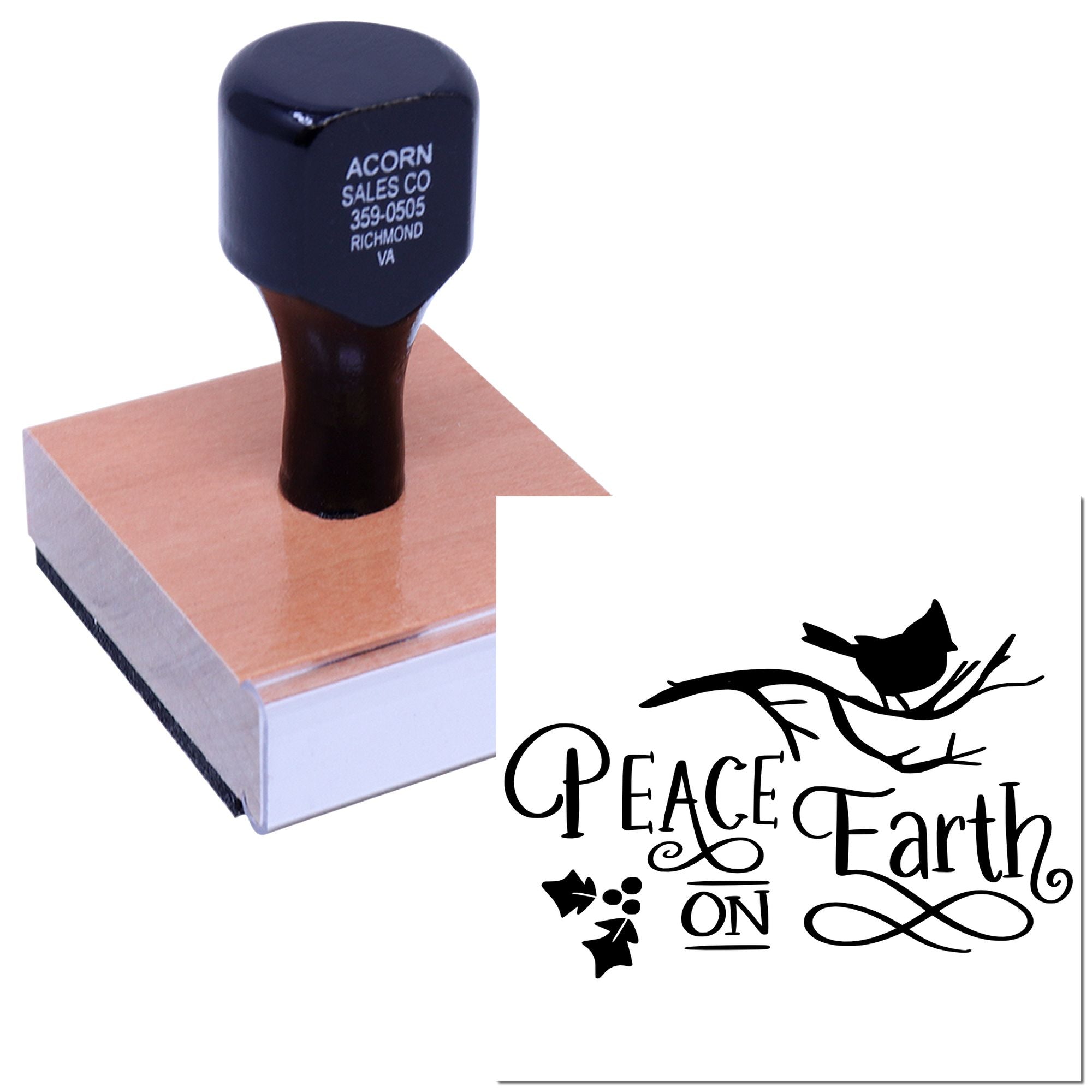 Custom rubber stamp with Peace on Earth bird design for holiday cards, crafts, and scrapbooking.