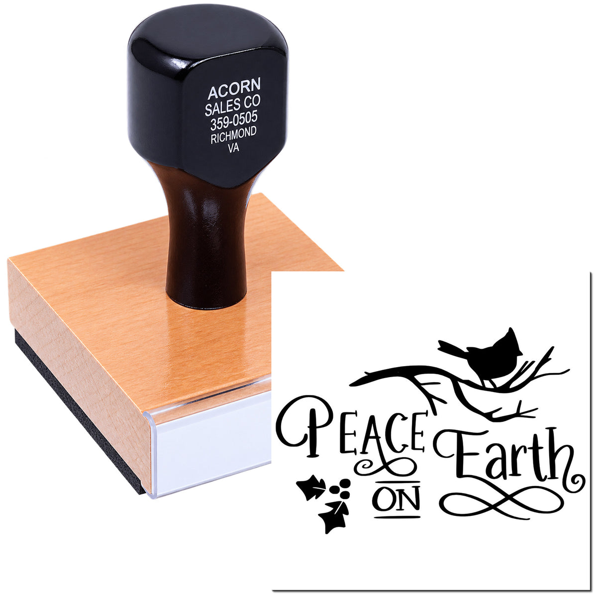 Custom rubber stamp with Peace on Earth bird design for holiday cards, crafts, and scrapbooking.
