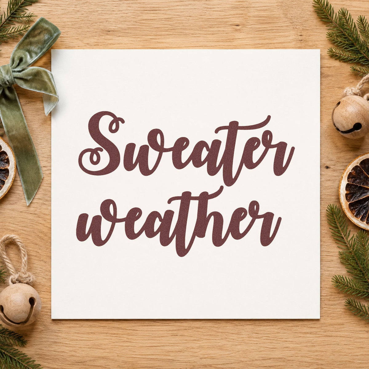 Sweater Weather Brush Script rubber stamp printed in brown ink, ready for big note sheet and similar paper crafts.
