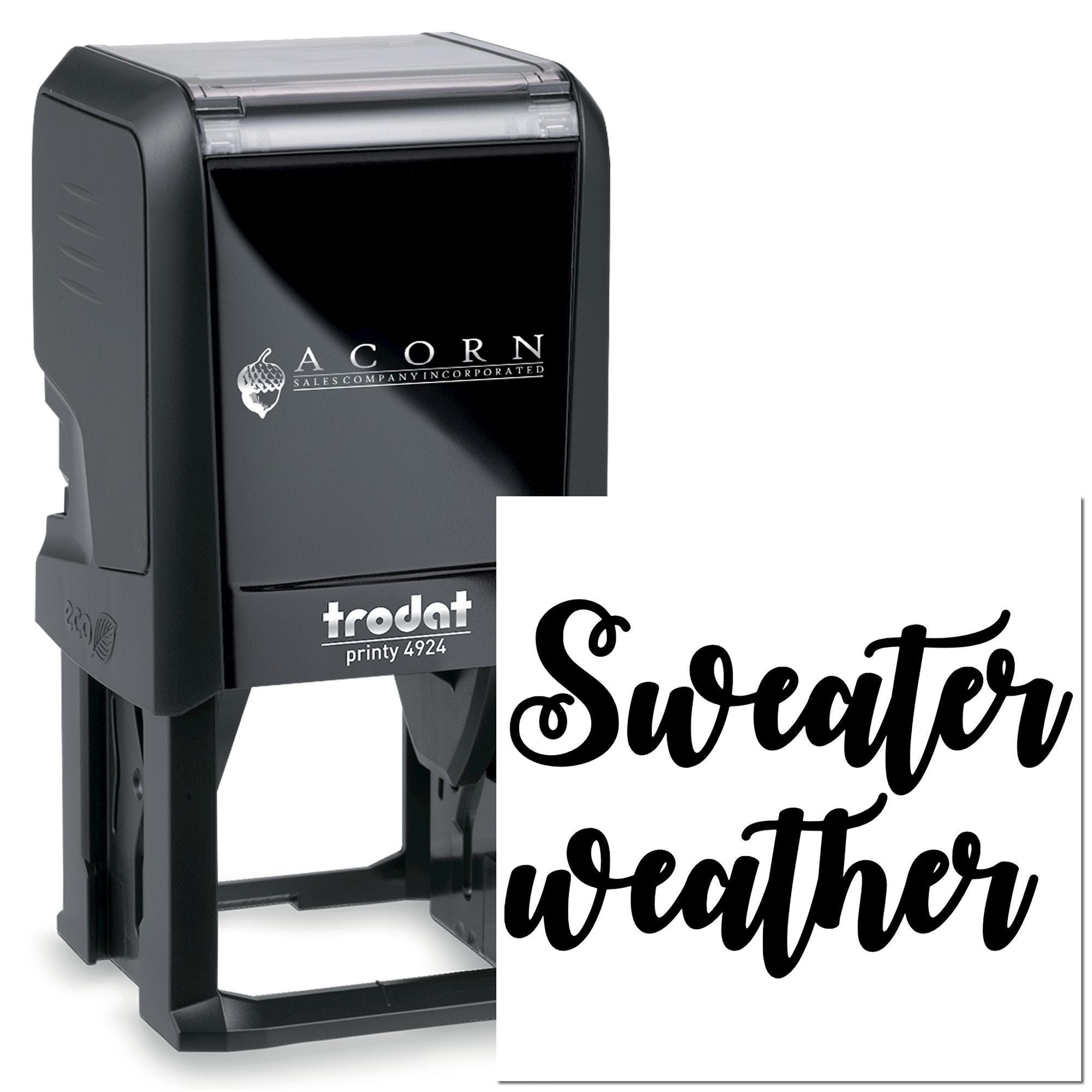 Trodat Printy 4924 self-inking rubber stamp with custom Sweater Weather design for personalized seasonal stamping.