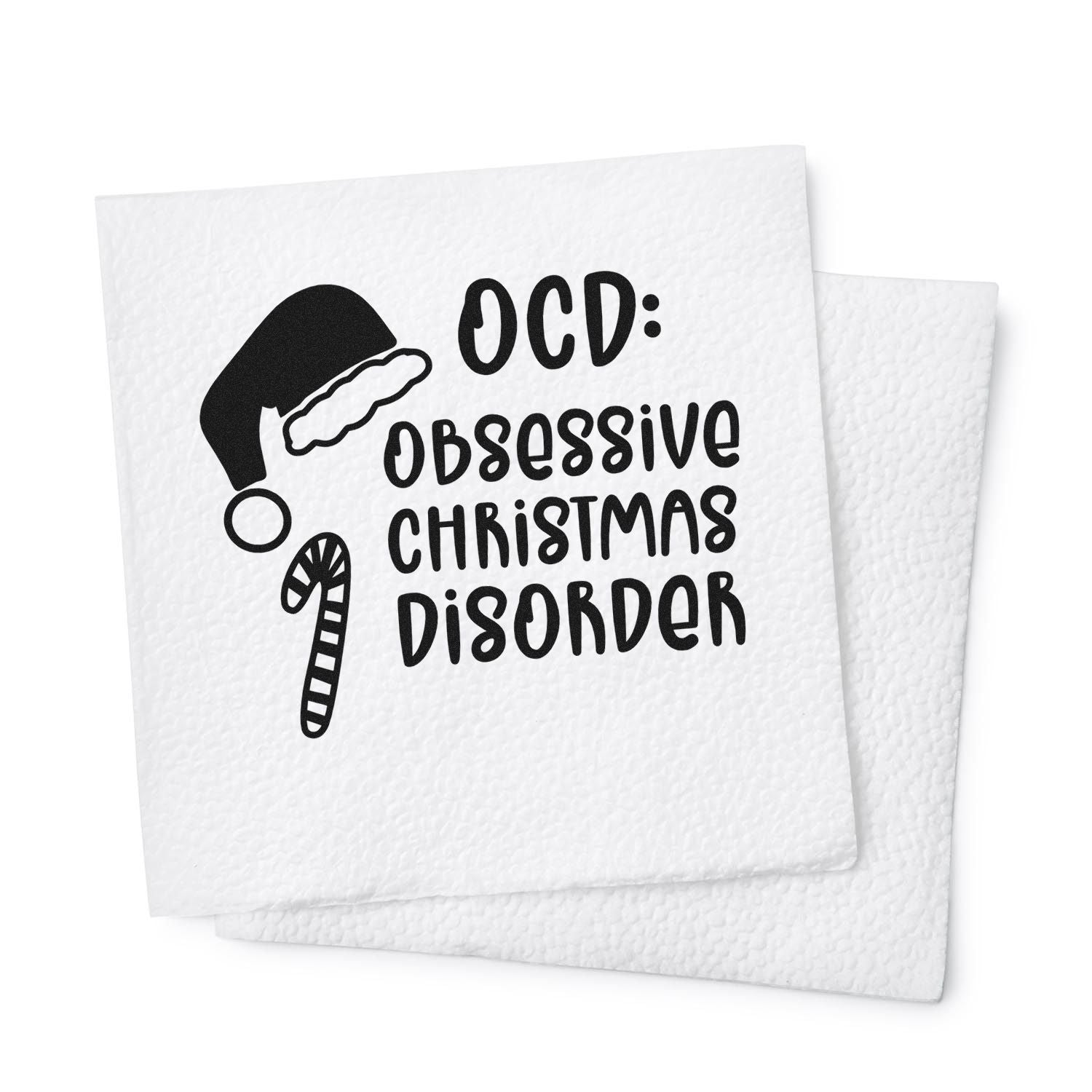 Christmas rubber stamp design reading OCD: Obsessive Christmas Disorder with a Santa hat and candy cane.