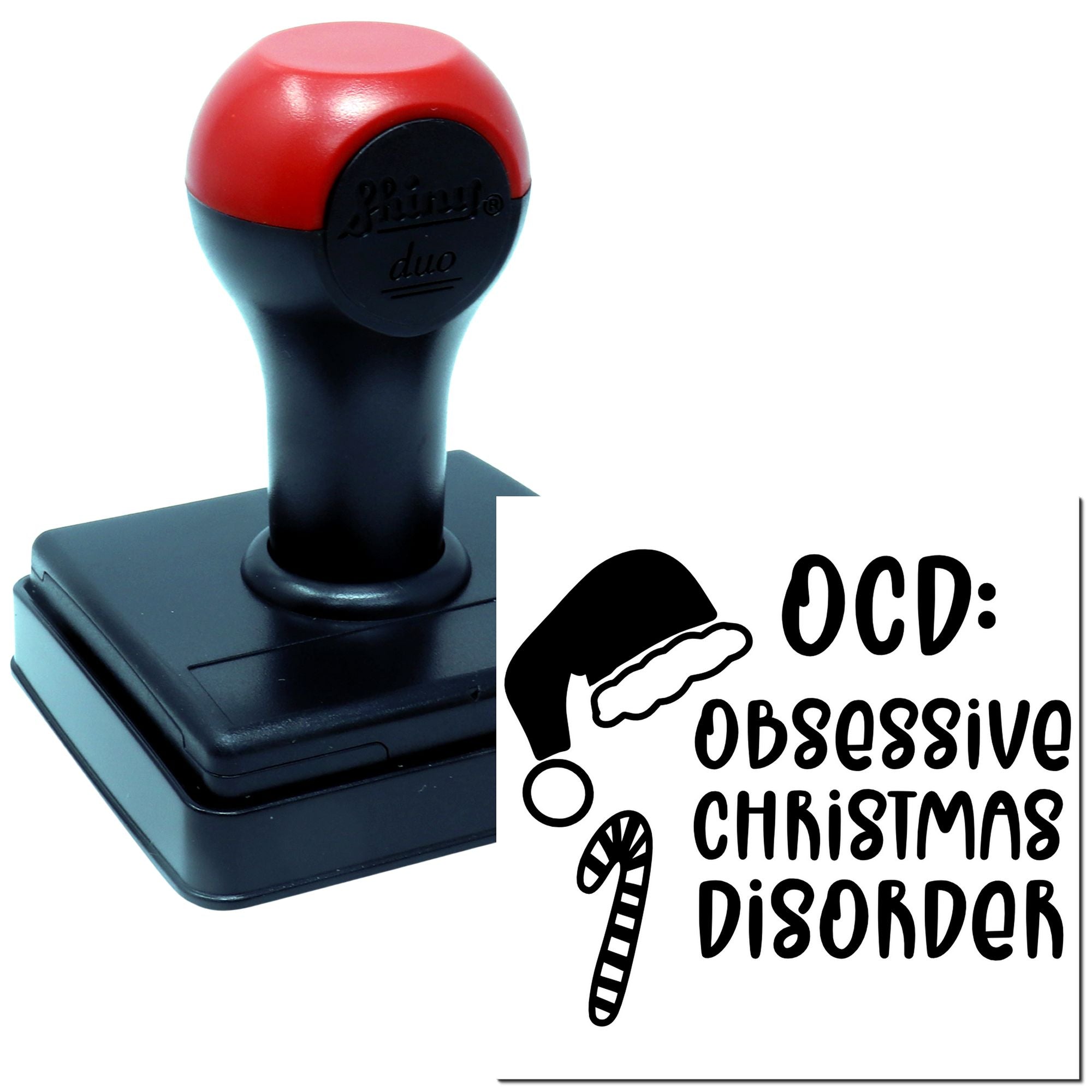 Self-inking rubber stamp featuring OCD: Obsessive Christmas Disorder design with Santa hat and candy cane graphic.