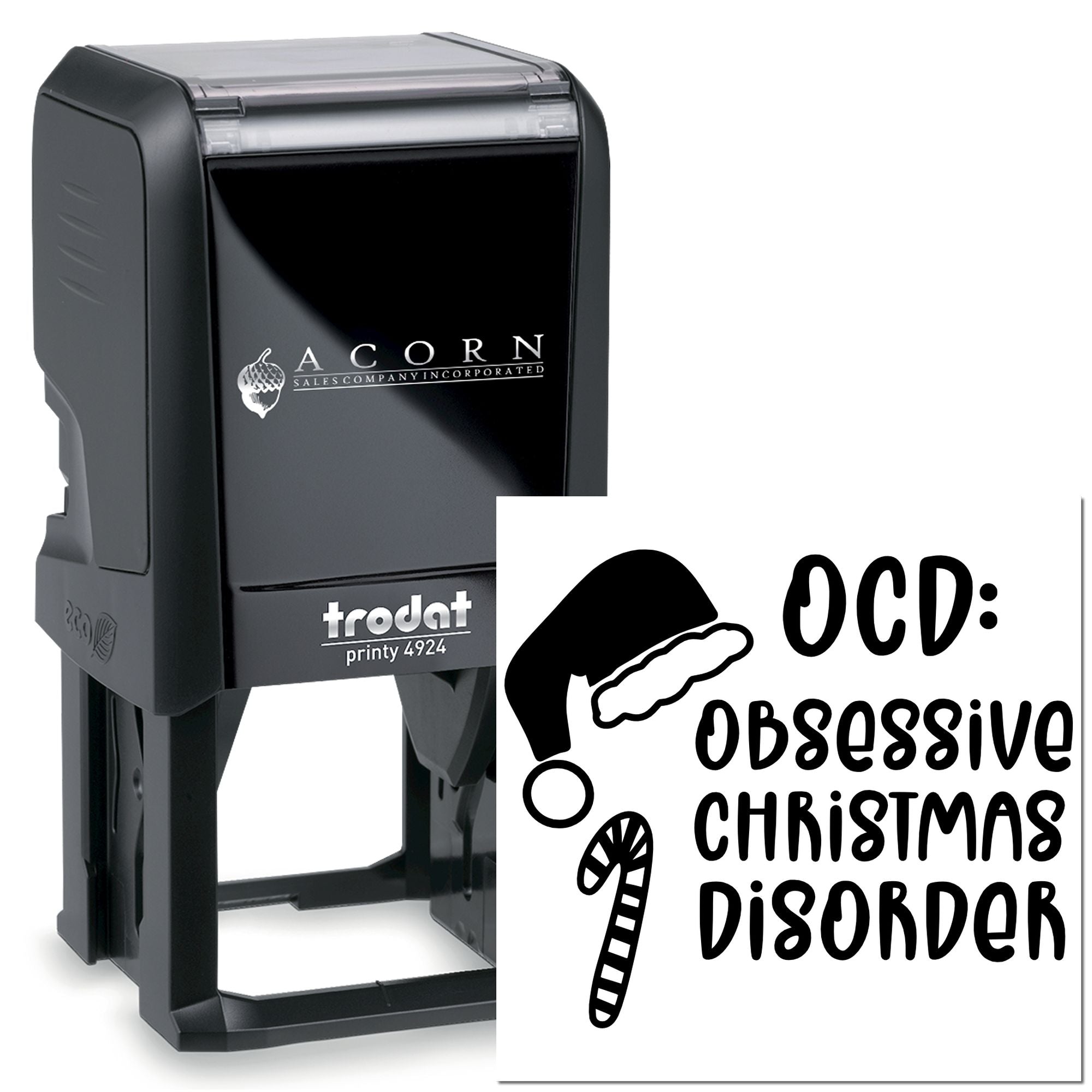 Self-inking rubber stamp with OCD: Obsessive Christmas Disorder design for holiday cards, packaging, and festive crafts.