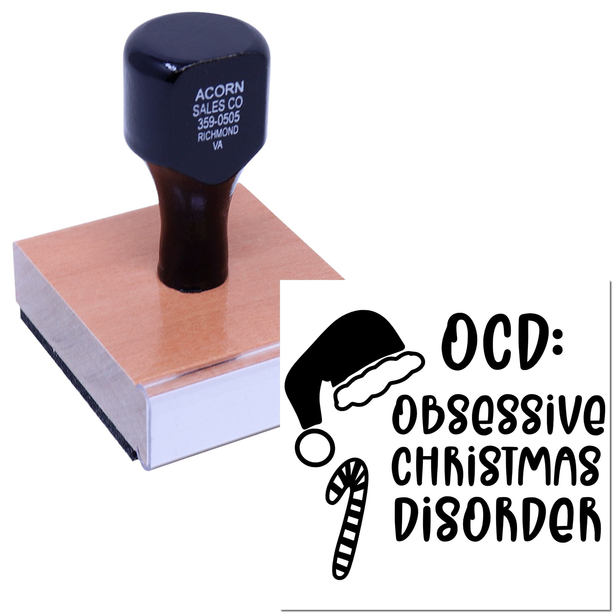 Custom rubber stamp with OCD: Obsessive Christmas Disorder holiday design and Santa hat candy cane graphic.