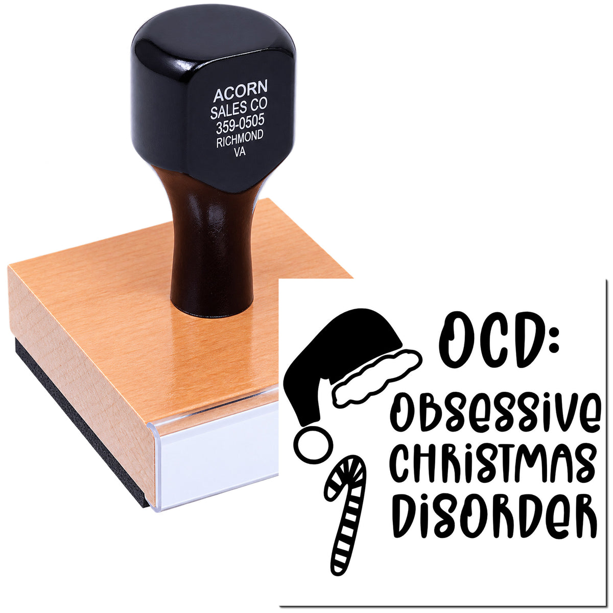 Custom rubber stamp with OCD: Obsessive Christmas Disorder holiday design and Santa hat candy cane graphic.