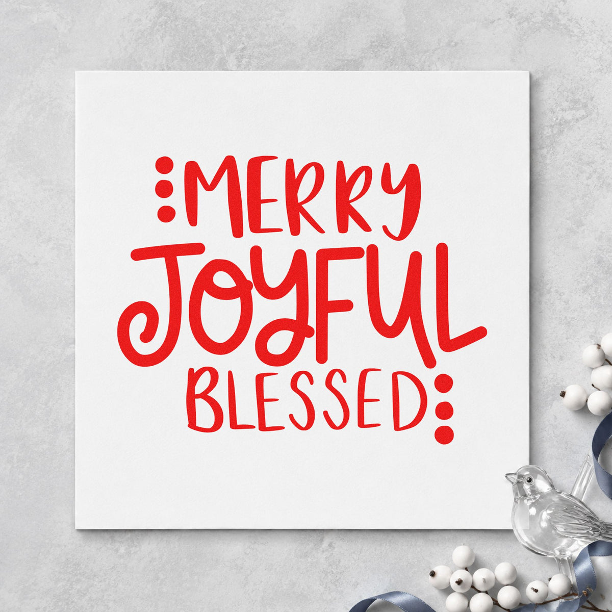 Merry Joyful Blessed Dots rubber stamp shown in red ink, stamped for projects such as shelf band labels.
