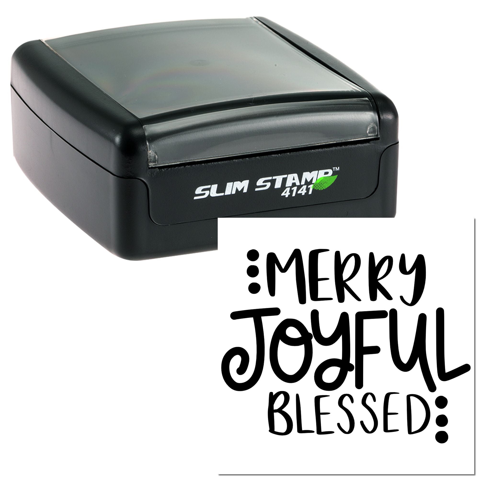 Self-inking Slim Stamp 4141 rubber stamp with Merry Joyful Blessed holiday design for card making and crafts.