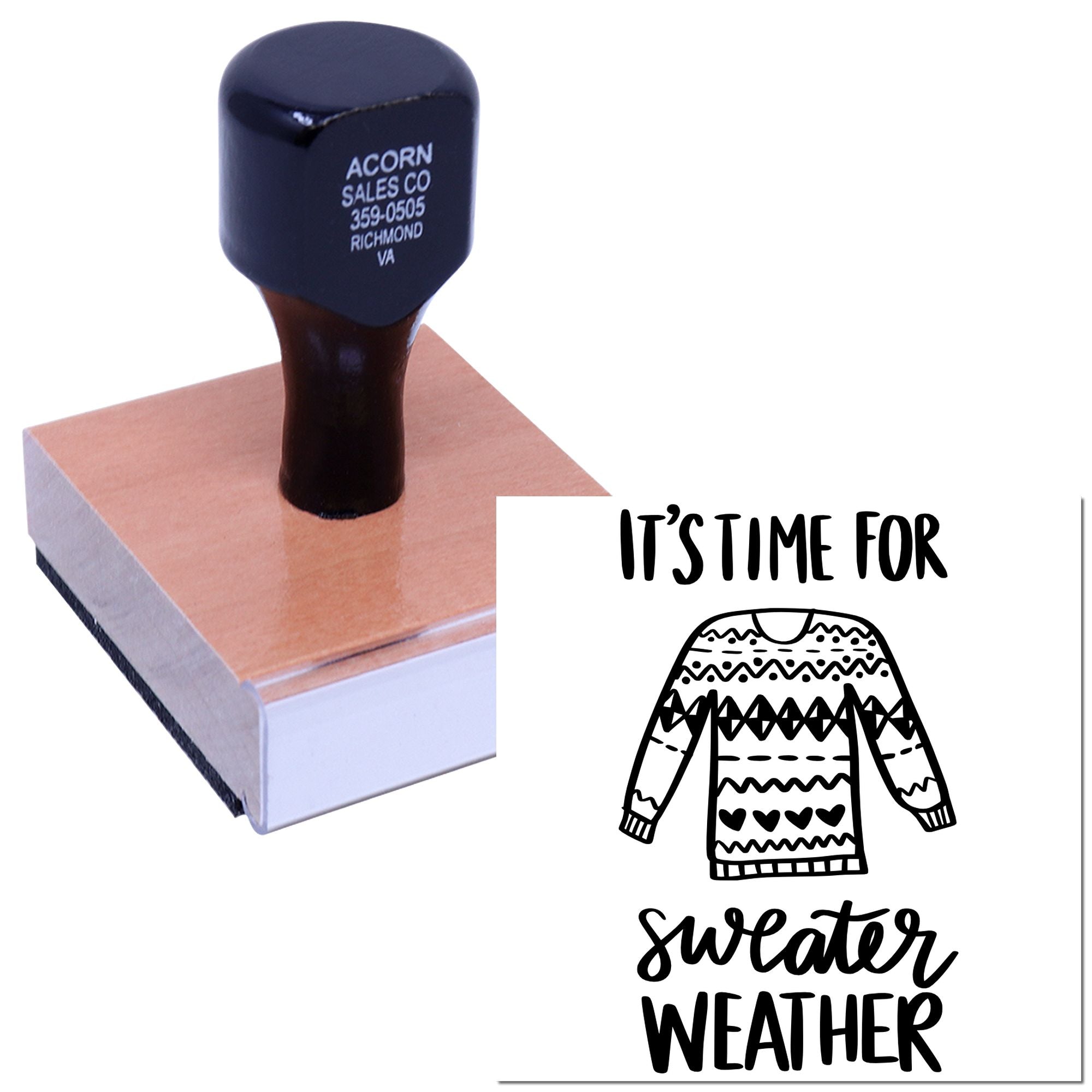 Personalized self-inking rubber stamp with sweater weather design, shown making a custom fall apparel stamp impression.