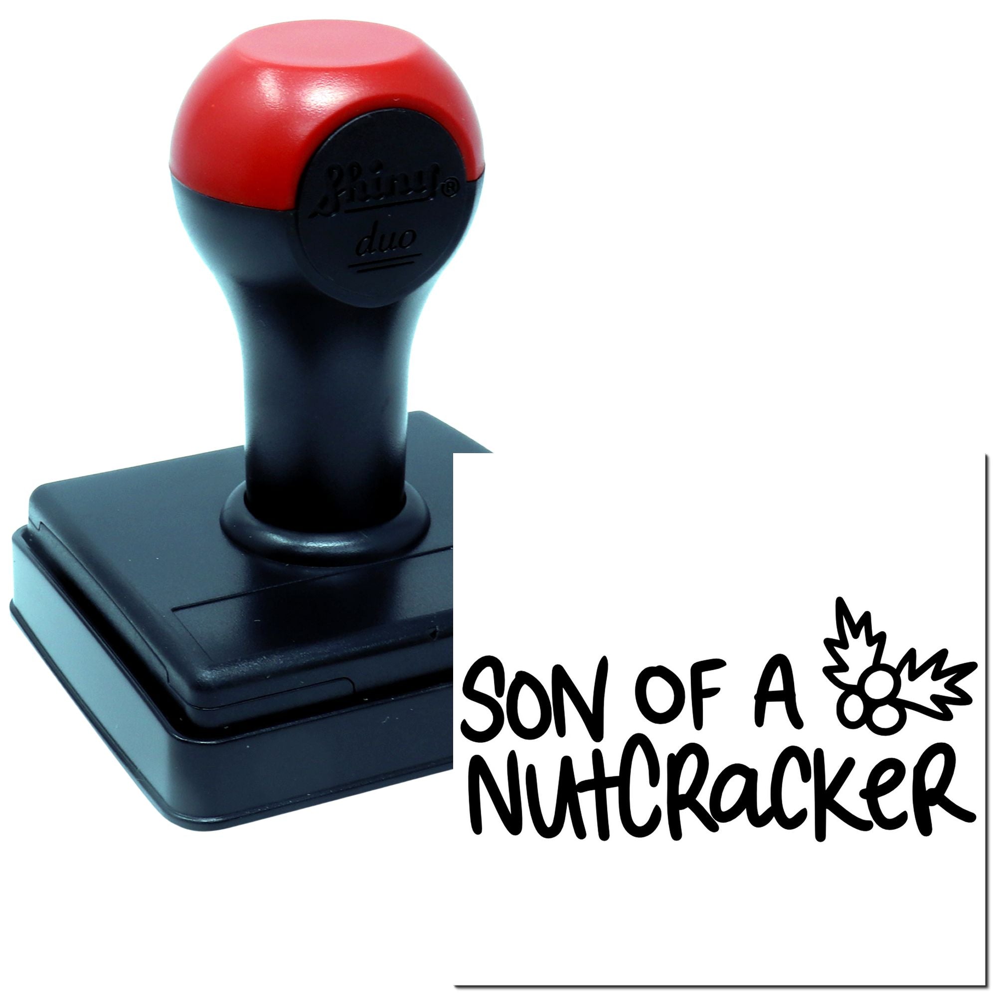 Custom self-inking rubber stamp with Son of a Nutcracker holiday phrase and snowflake design.