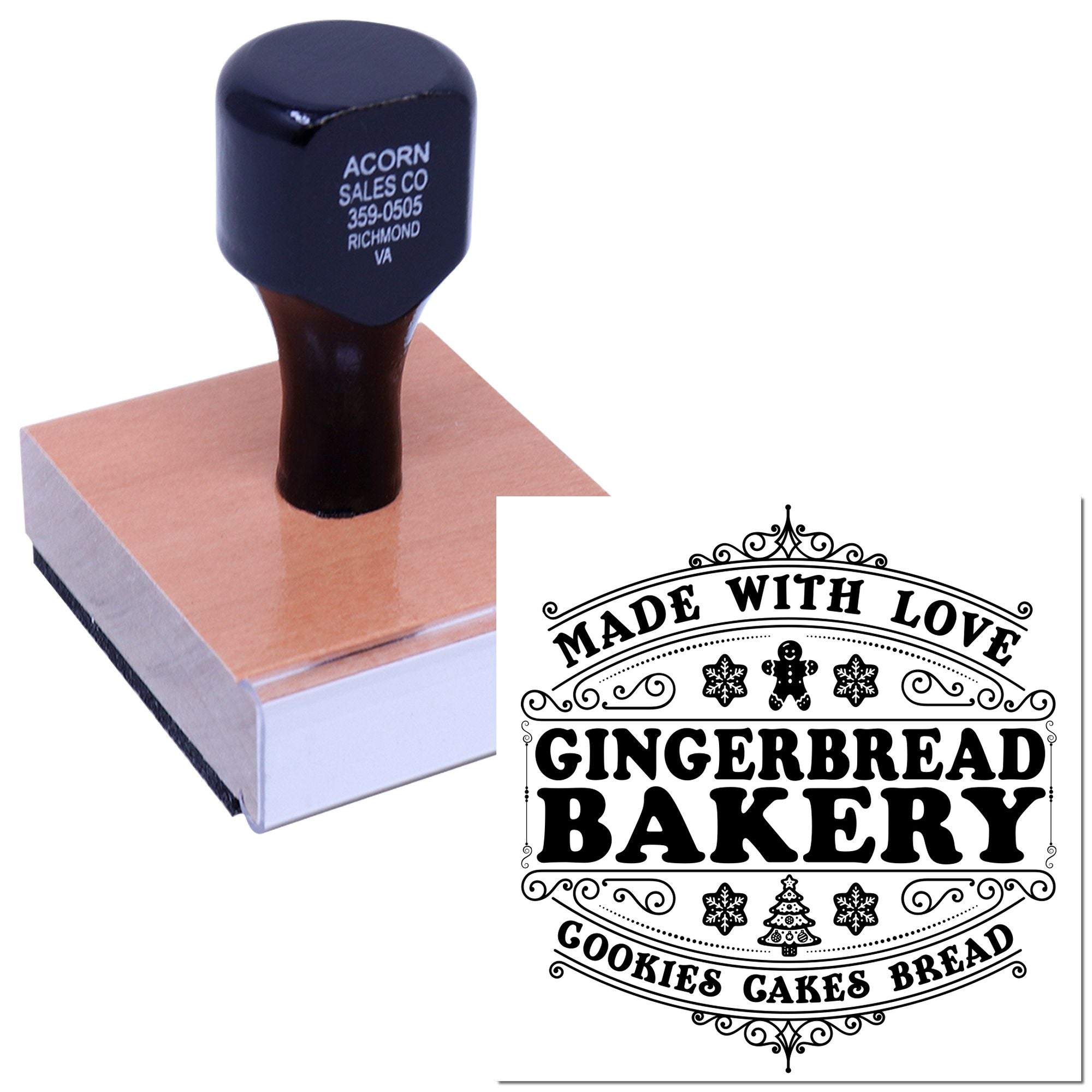 Custom rubber stamp with Made with Love Gingerbread Bakery design for cookies, cakes and bread packaging.