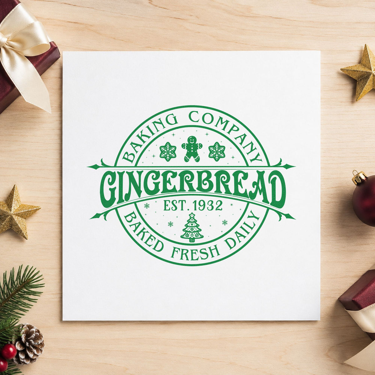 Gingerbread Baking Company 1932 craft stamp in green ink on cardstock, an easy option for archive album page.