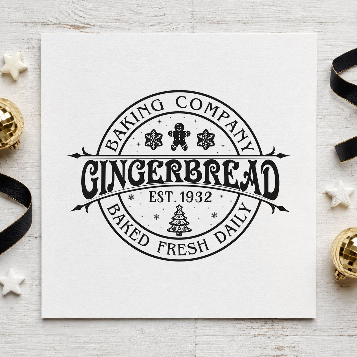 Gingerbread Baking Company 1932 craft stamp imprint in black ink on a handmade project, one idea being seal sticker tags.