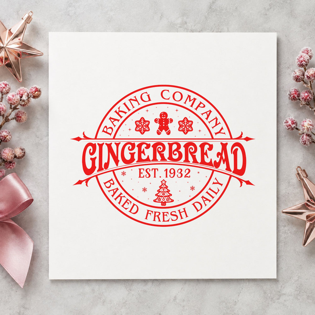 Gingerbread Baking Company 1932 craft stamp in red ink on cardstock, an easy option for patch disc printing.