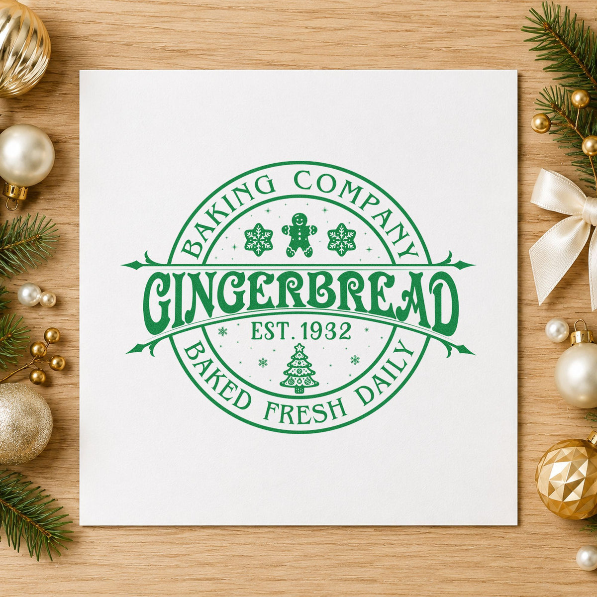 Gingerbread Baking Company 1932 craft stamp imprinted in green ink on paper, a design suited to framed round plaque.