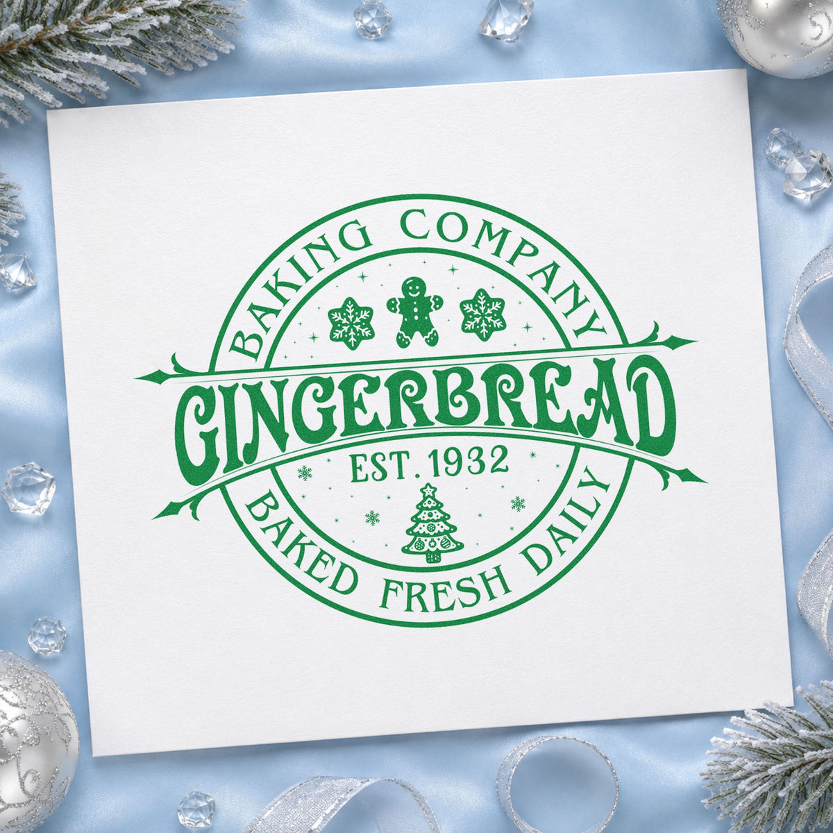 Gingerbread Baking Company 1932 craft stamp imprint in green ink on a handmade project, one idea being milestone slips.