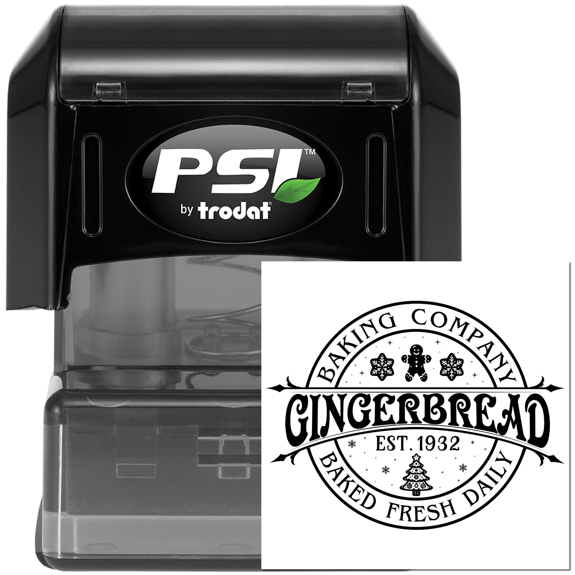 PSI by Trodat self-inking rubber stamp with custom bakery logo, Gingerbread Company, and Baked Fresh Daily text