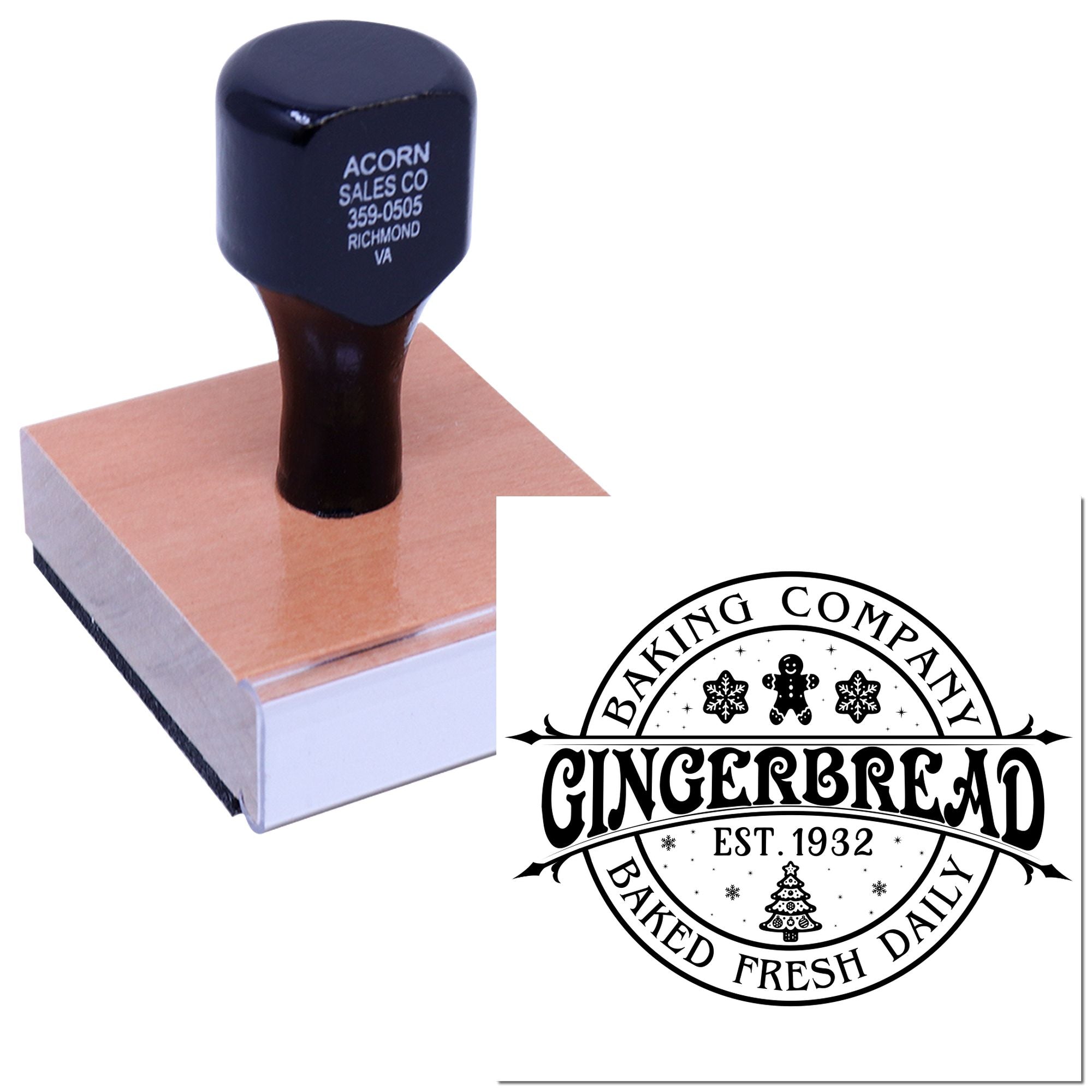 Custom bakery rubber stamp with gingerbread logo for branded packaging and baked fresh daily labels.