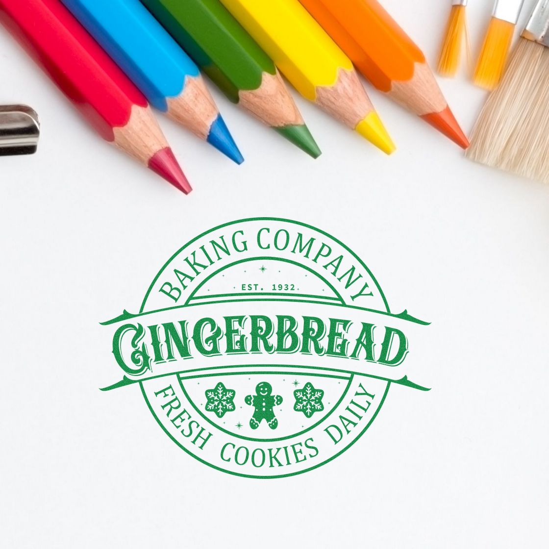 Gingerbread Fresh Cookies Daily rubber stamp shown in green ink, stamped for projects such as morning album page.