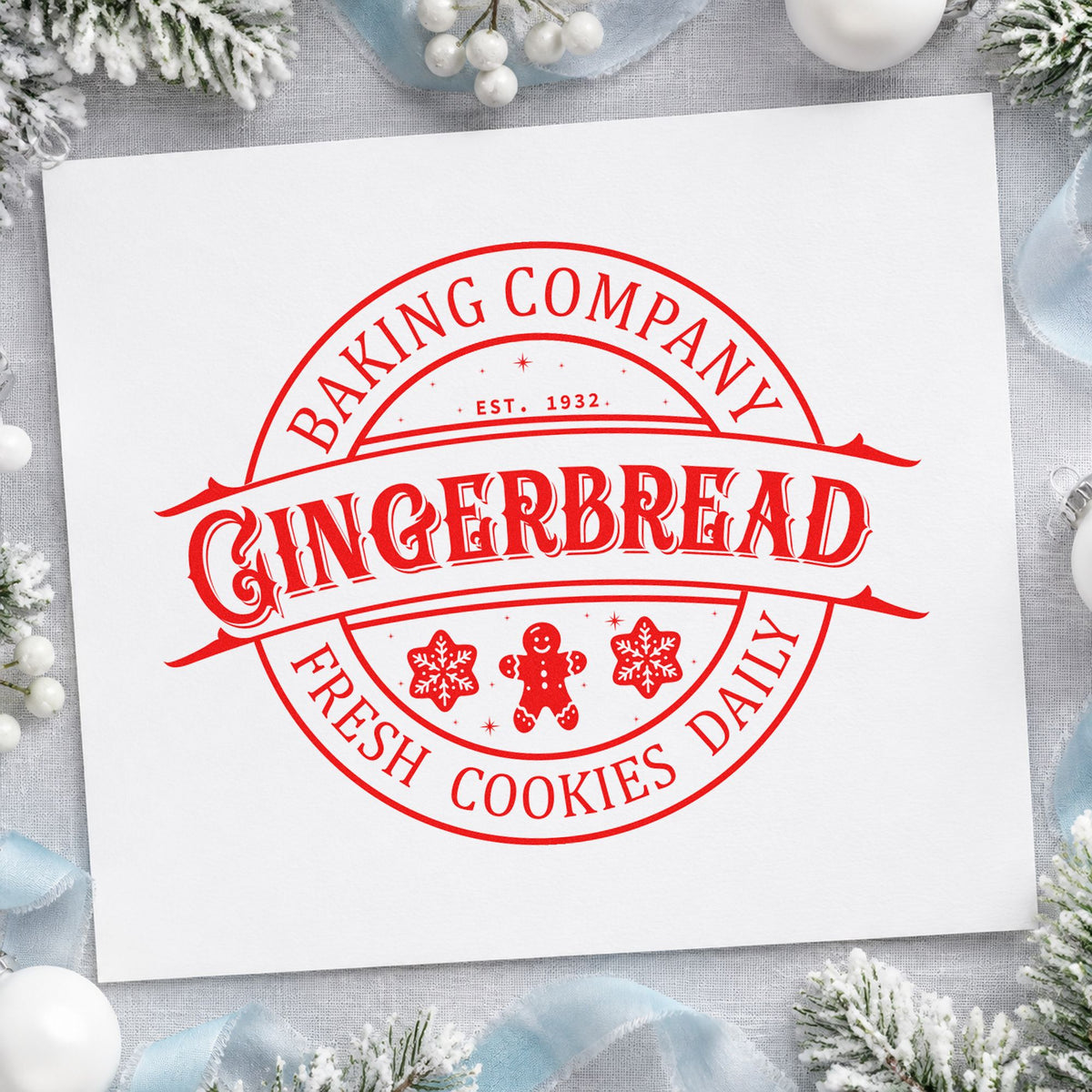 Gingerbread Fresh Cookies Daily craft stamp in red ink on cardstock, an easy option for baker cap printing.