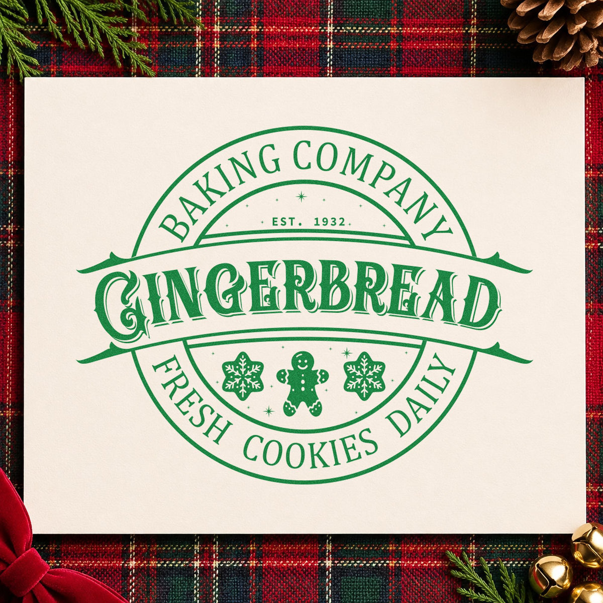 Gingerbread Fresh Cookies Daily craft stamp imprinted in green ink on paper, a design suited to framed oven wall.