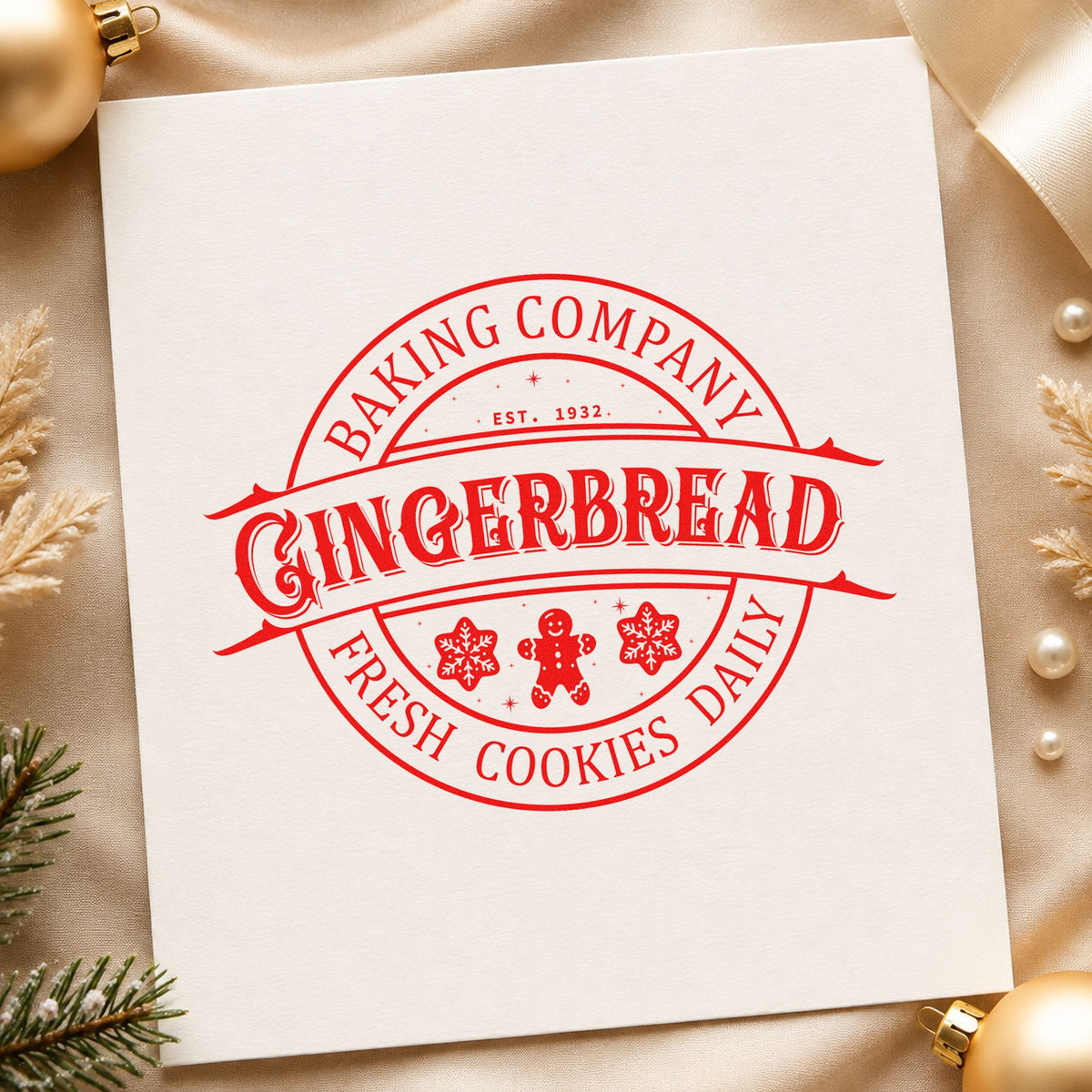 Gingerbread Fresh Cookies Daily rubber stamp shown in red ink, stamped for projects such as rack time labels.