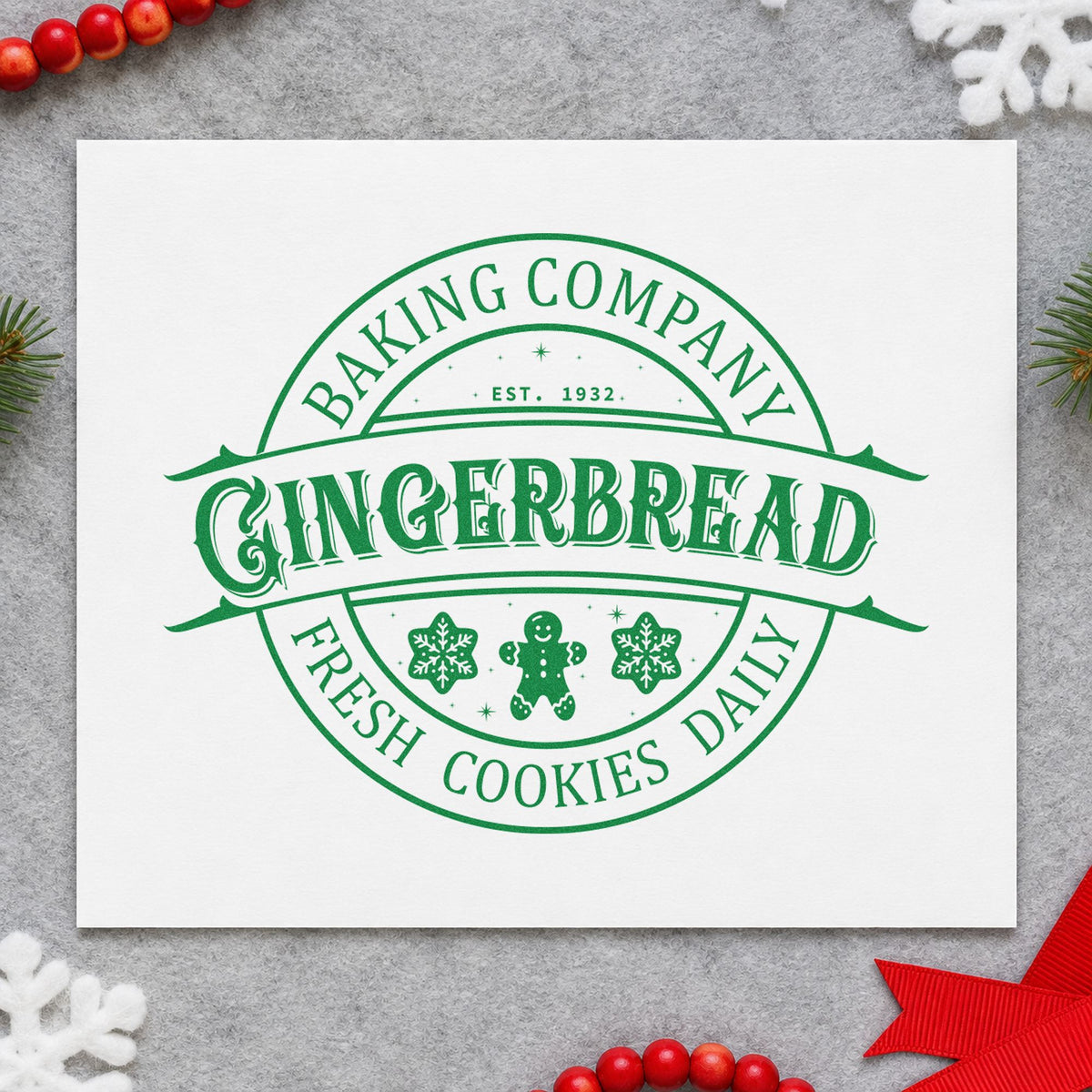 Gingerbread Fresh Cookies Daily craft stamp imprint in green ink on a handmade project, one idea being shift count cards.