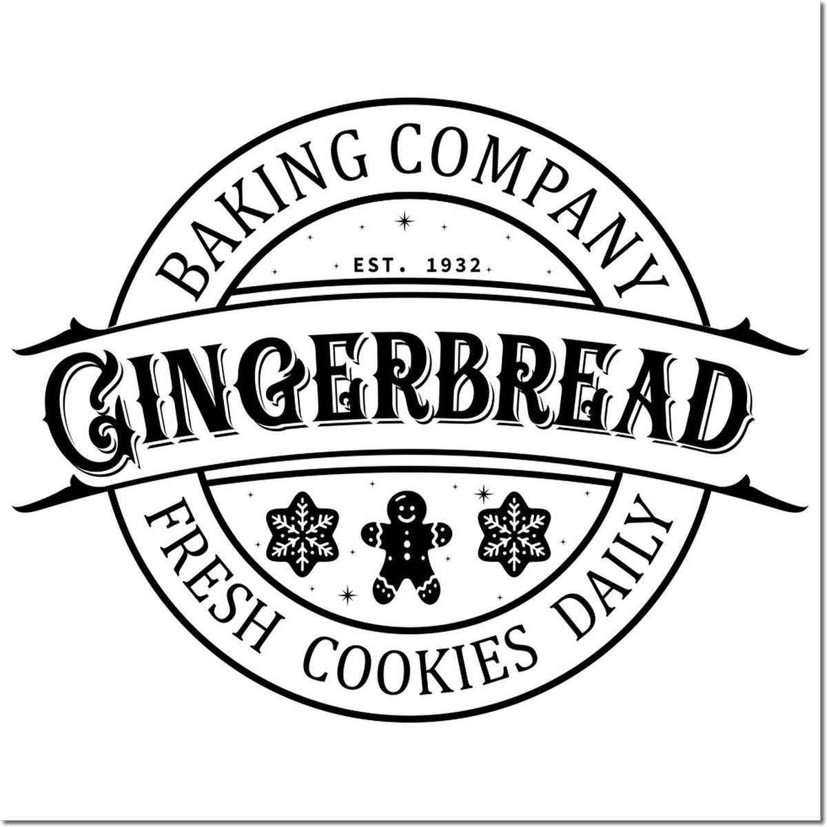 Vintage bakery rubber stamp design for Gingerbread Fresh Cookies Daily, with Baking Company and holiday cookie motif.