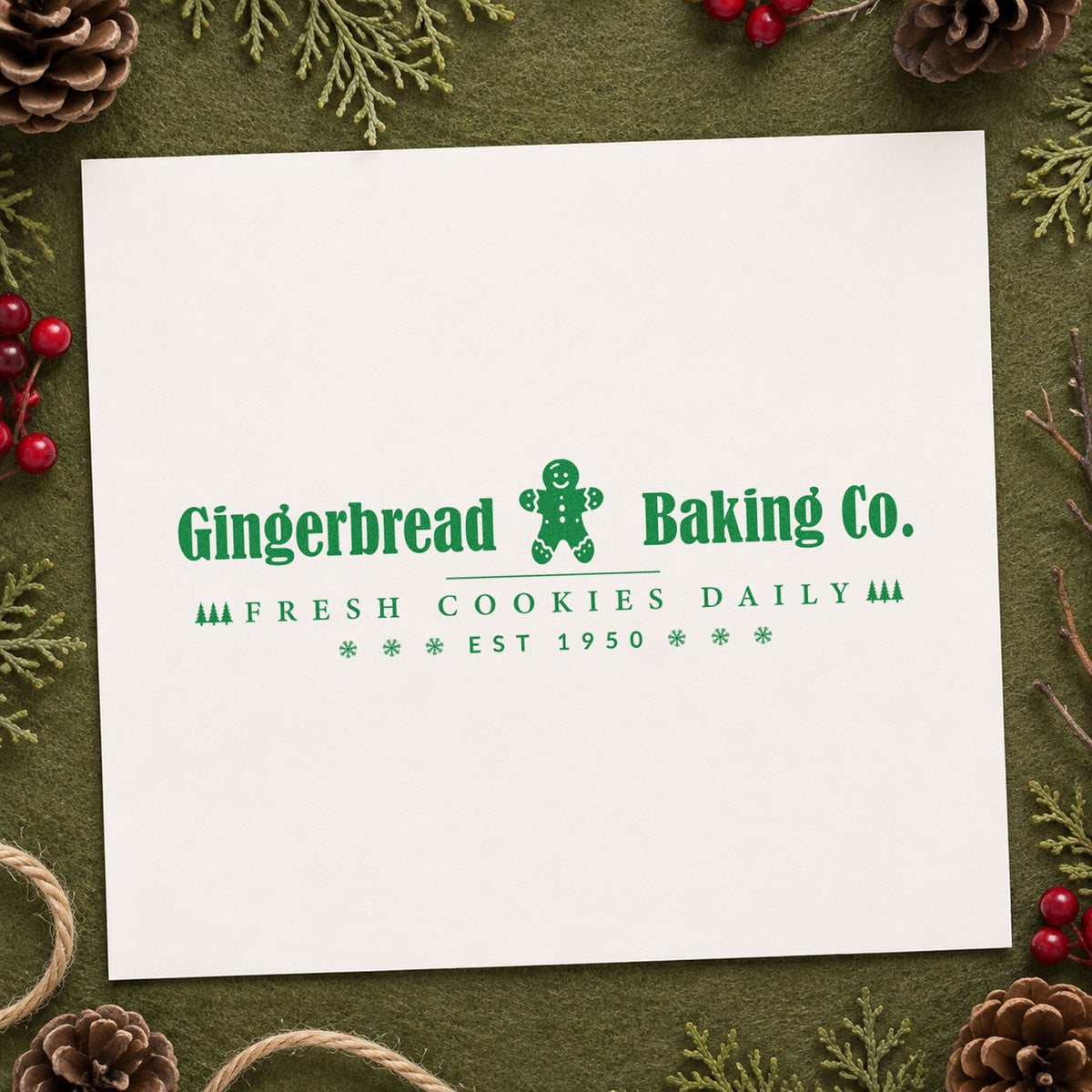 Gingerbread Baking Company Horizontal craft stamp in green ink on cardstock, an easy option for logo study album.