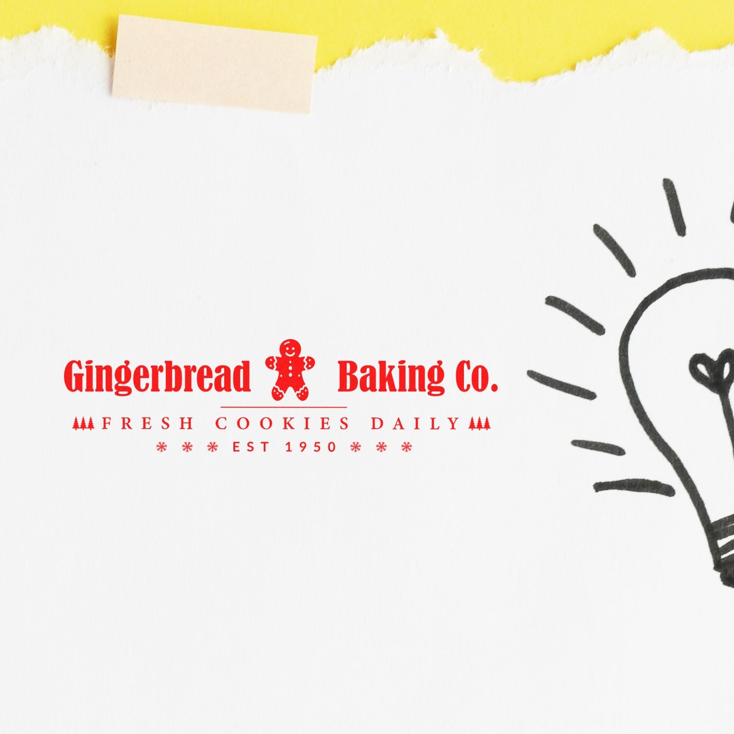 Custom rubber stamp for Gingerbread Baking Co. with gingerbread man logo, Fresh Cookies Daily, and Est. 1950 bakery packaging.