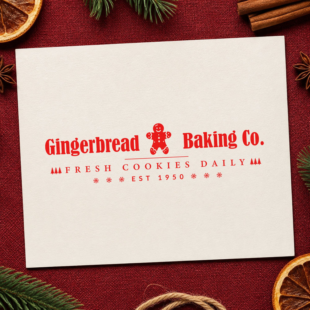 Gingerbread Baking Company Horizontal rubber stamp shown in red ink, stamped for projects such as bin center labels.