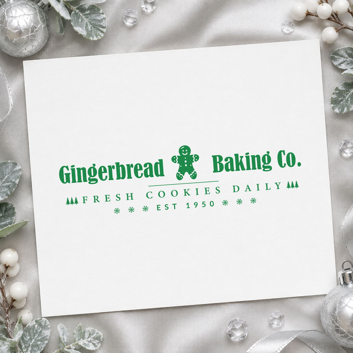 Gingerbread Baking Company Horizontal craft stamp imprint in green ink on a handmade project, one idea being business card slips.