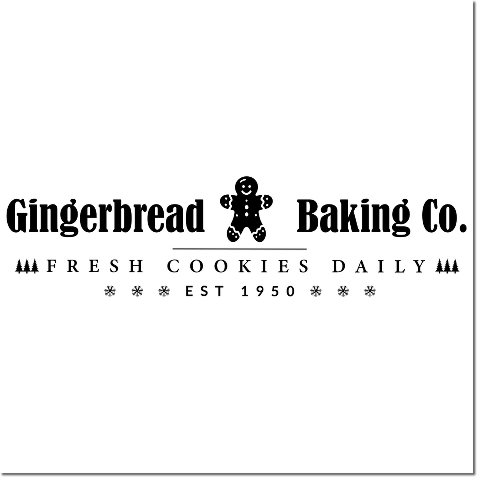 Gingerbread Baking Co. custom rubber stamp design with gingerbread man, Fresh Cookies Daily, and Est. 1950 bakery branding.