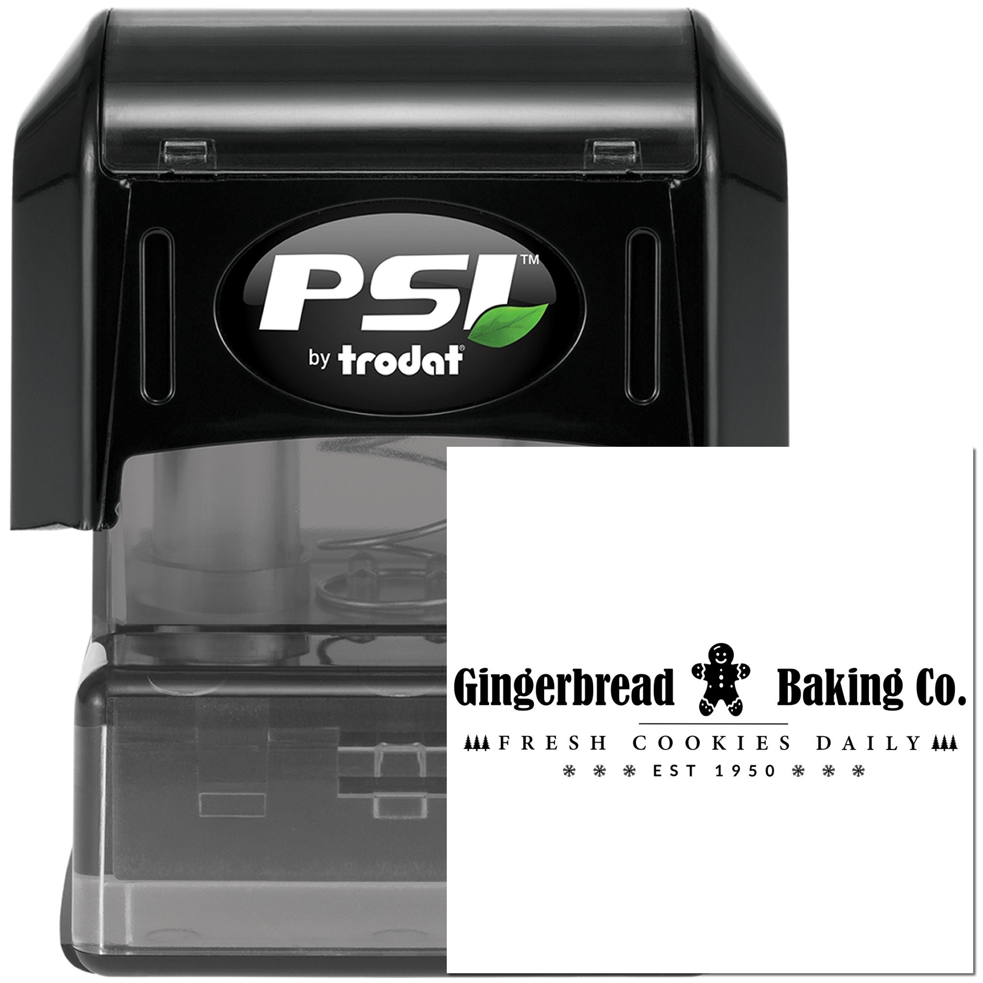 Custom self-inking rubber stamp by PSI by Trodat with Gingerbread Baking Co. bakery logo and fresh cookies daily text