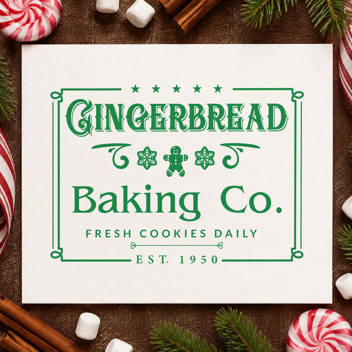 Gingerbread Baking Company Framed craft stamp in green ink on cardstock, an easy option for frame study album.