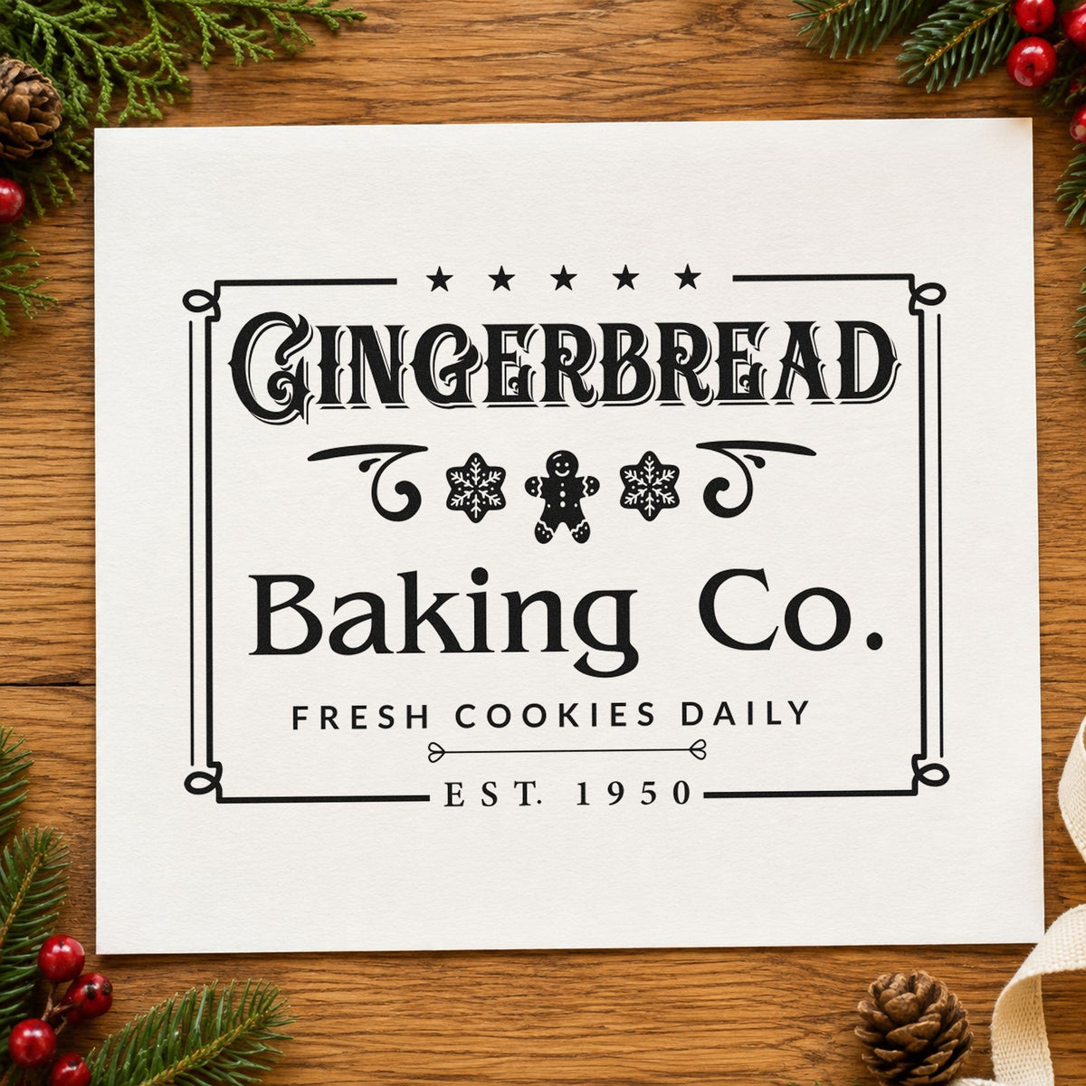 Gingerbread Baking Company Framed craft stamp imprint in black ink on a handmade project, one idea being boxed label tags.