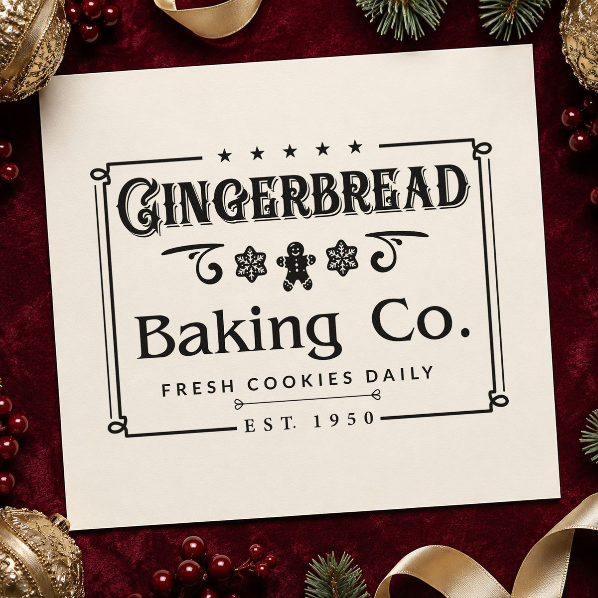 Gingerbread Baking Company Framed rubber stamp printed in black ink, ready for ruled form sheet and similar paper crafts.
