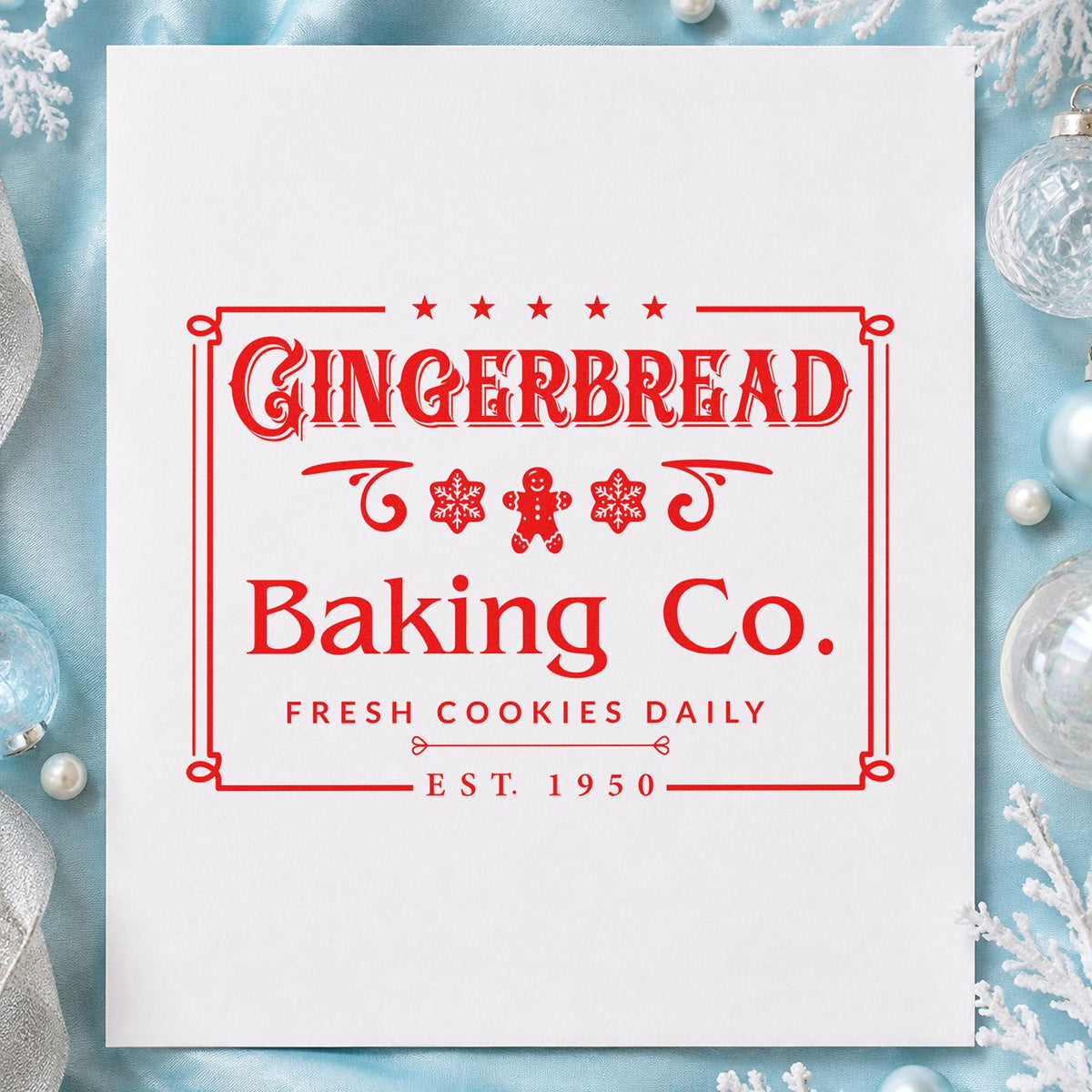 Gingerbread Baking Company Framed craft stamp in red ink on cardstock, an easy option for sack panel printing.