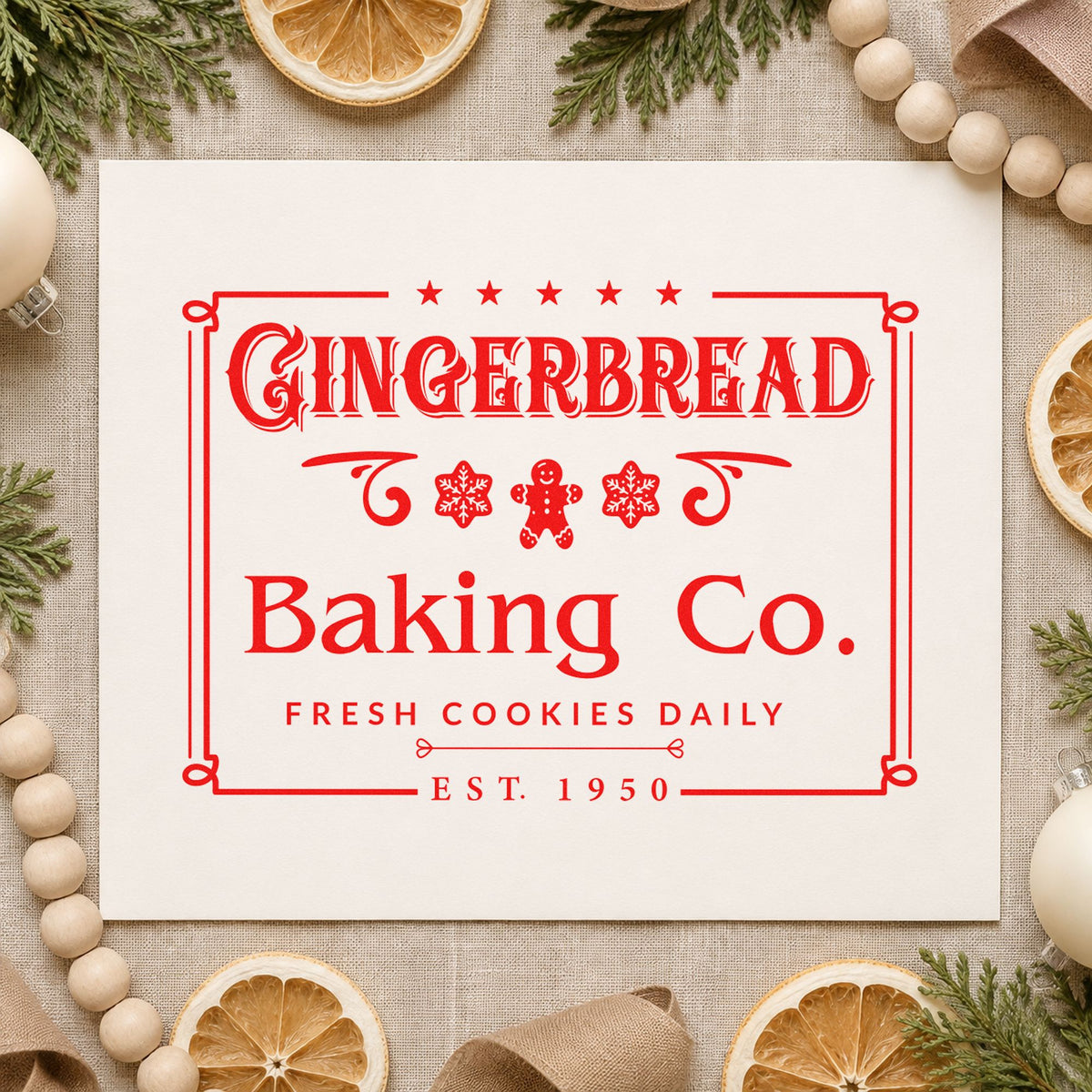Gingerbread Baking Company Framed rubber stamp shown in red ink, stamped for projects such as shelf plate labels.