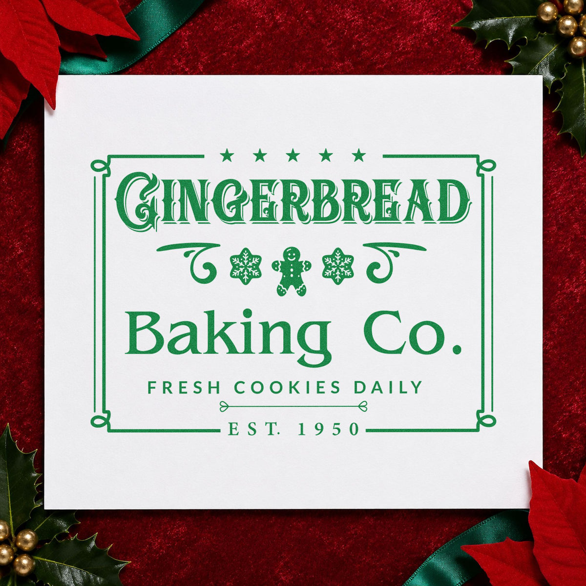 Gingerbread Baking Company Framed craft stamp imprint in green ink on a handmade project, one idea being receipt slip cards.
