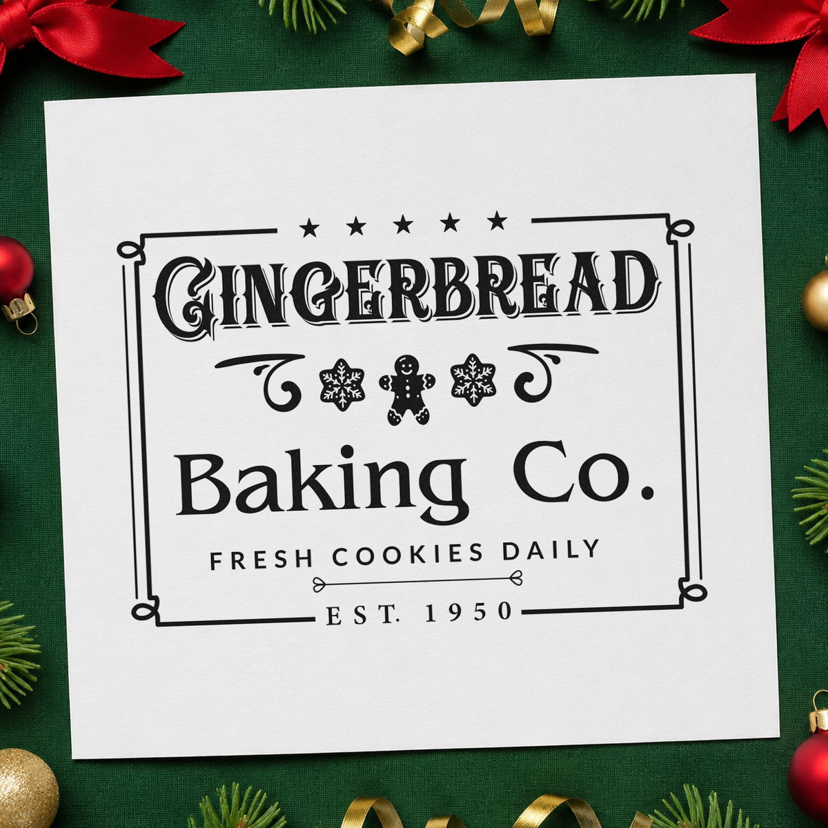 Gingerbread Baking Company Framed rubber stamp printed in black ink, ready for outlined rectangle cards and similar paper crafts.