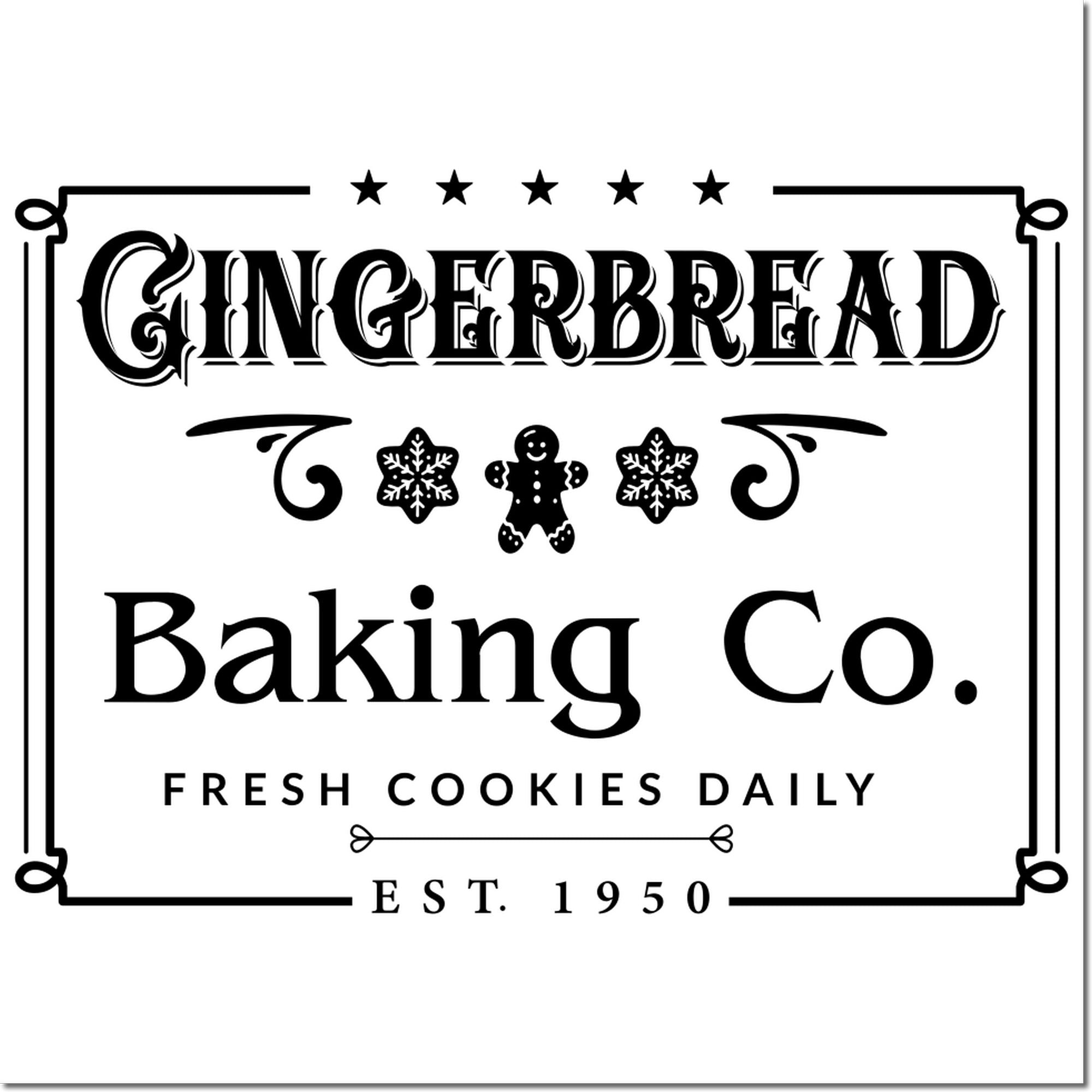 Vintage Gingerbread Baking Co. rubber stamp design with snowflakes, gingerbread man, and Fresh Cookies Daily bakery logo