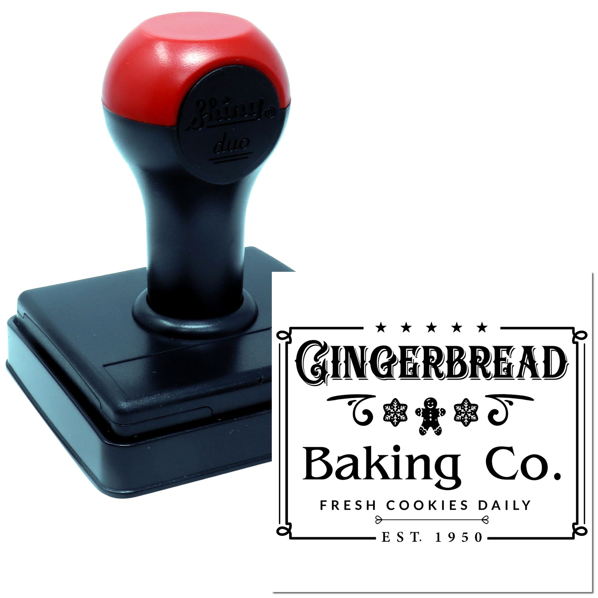 Custom self-inking rubber stamp with Gingerbread Baking Co. logo, ideal for bakery branding and cookie packaging.